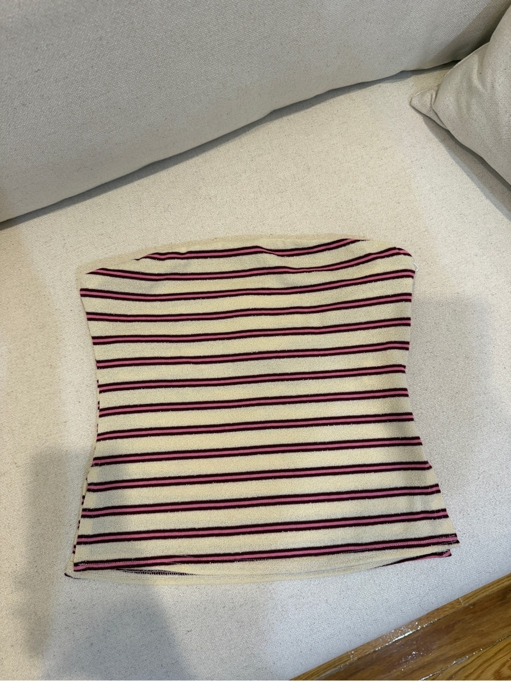 Striped Strapless Tube Top in Cream with Pink & Black Stripes